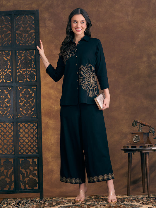 Solid Abstract Threadwork Embroidered Straight Fit Co-ord Set - Black