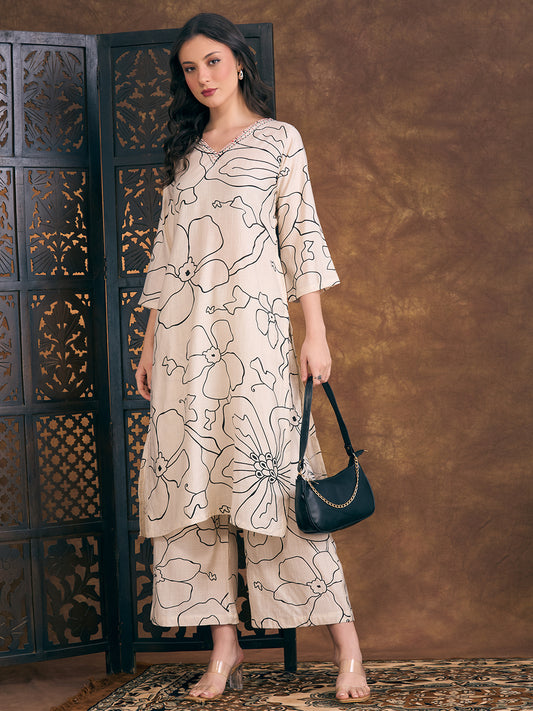Abstract Printed Straight Fit Co-ord Set - Off White
