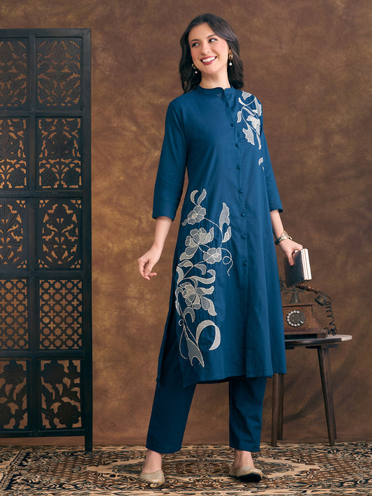 Solid Threadwork Sequin Work Embroidered A-Line Co-ord Set - Teal Blue