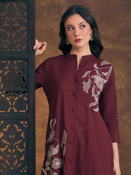 Solid Threadwork & Sequin Work Embroidered A-Line Co-ord Set - Maroon