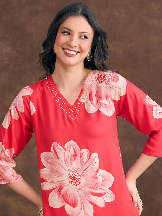 Abstract Floral Printed Straight Fit Co-ord Set - Red