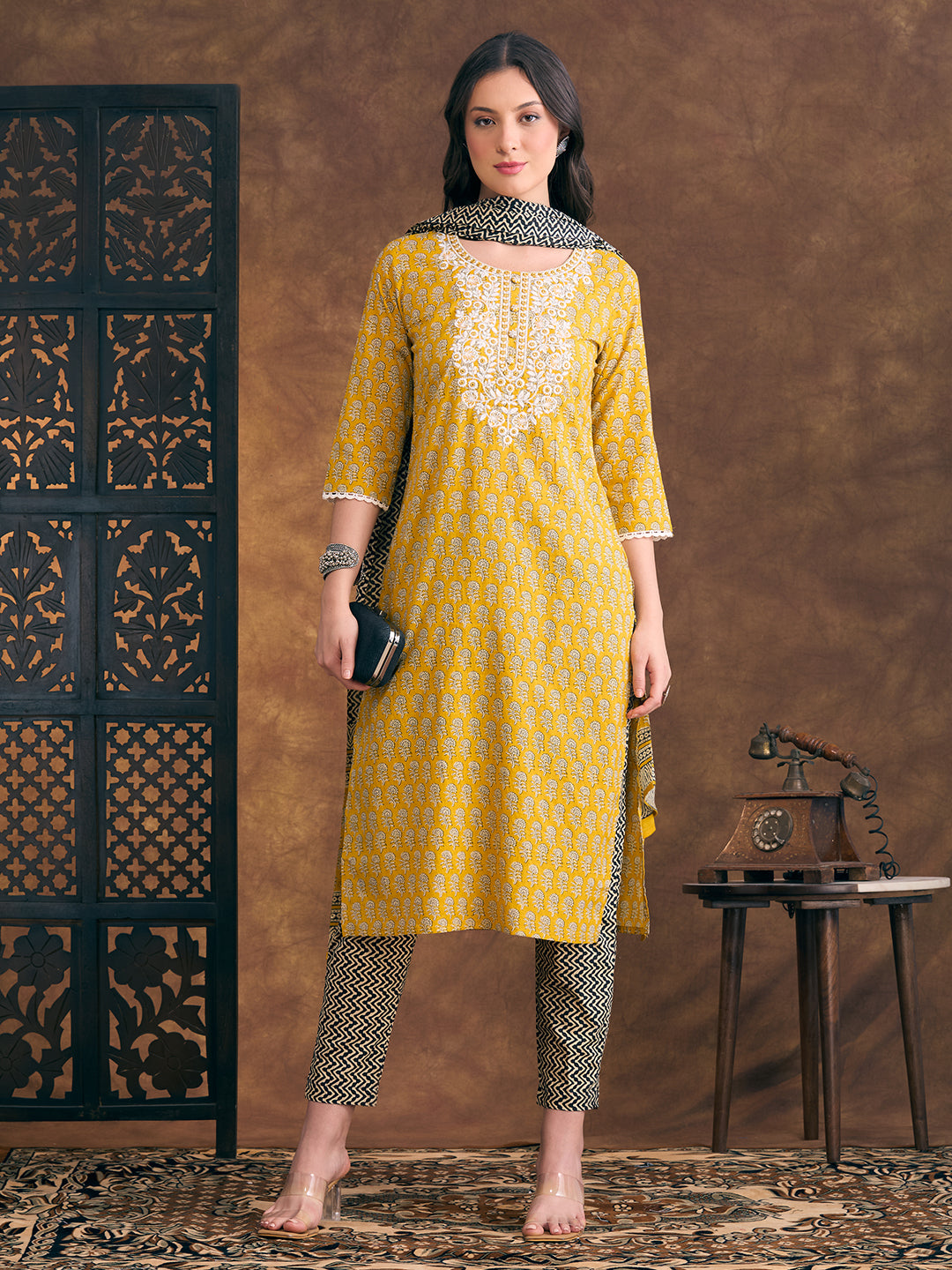 Ethnic Floral Printed Embroidered Straight Fit Kurta with Pant and Dupatta - Yellow