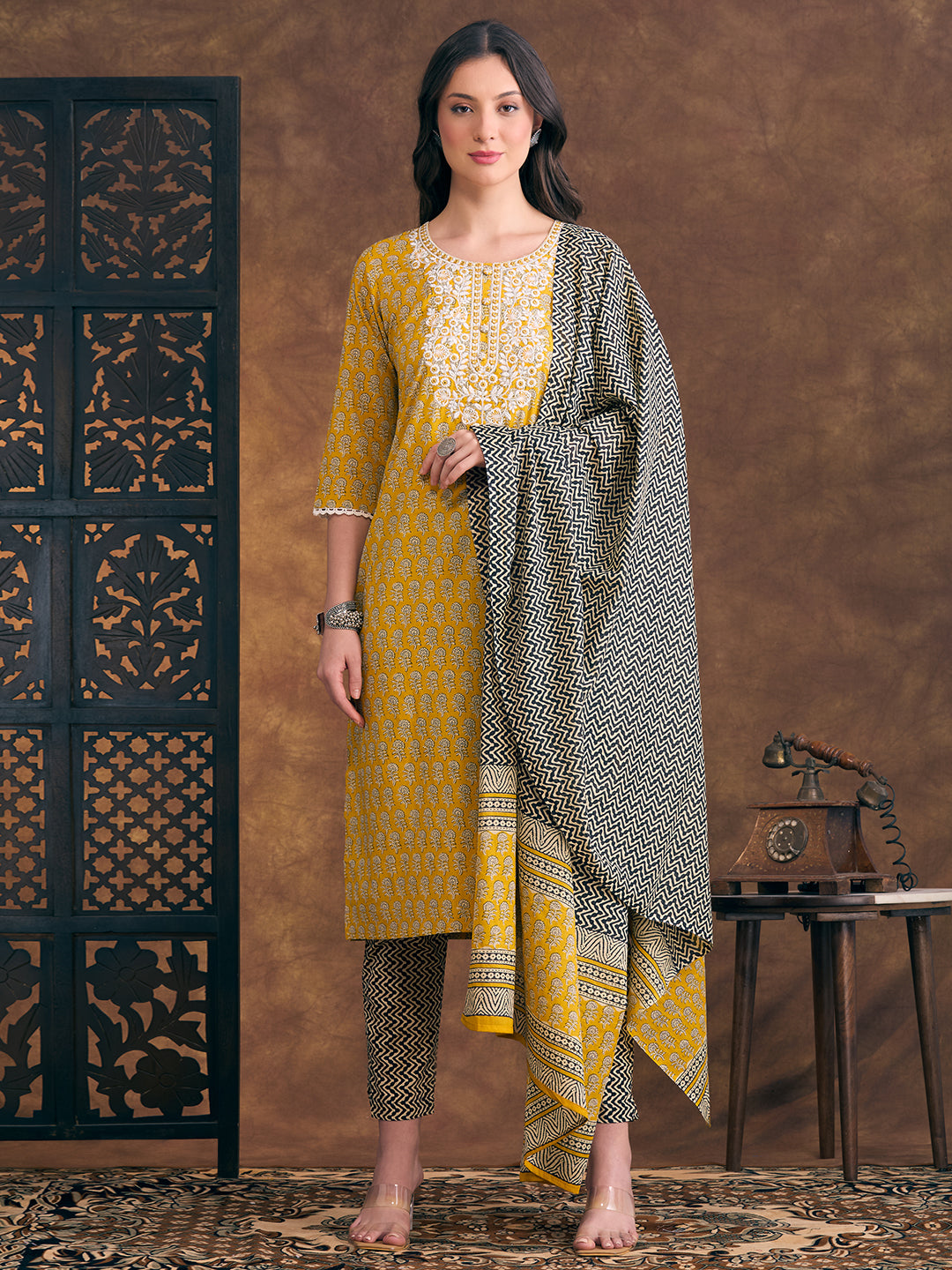 Ethnic Floral Printed Embroidered Straight Fit Kurta with Pant and Dupatta - Yellow