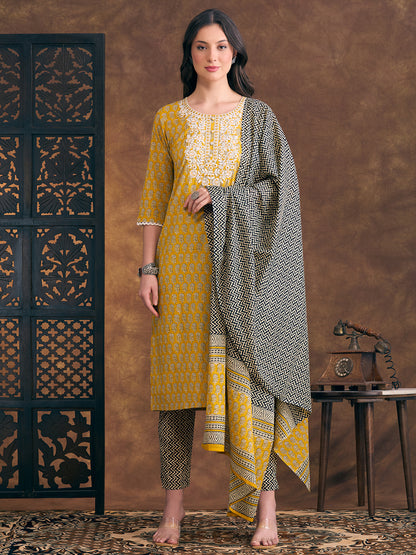 Ethnic Floral Printed Embroidered Straight Fit Kurta with Pant and Dupatta - Yellow