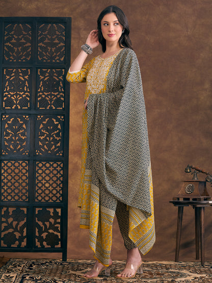 Ethnic Floral Printed Embroidered Straight Fit Kurta with Pant and Dupatta - Yellow