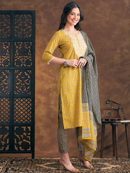 Ethnic Floral Printed Embroidered Straight Fit Kurta with Pant and Dupatta - Yellow