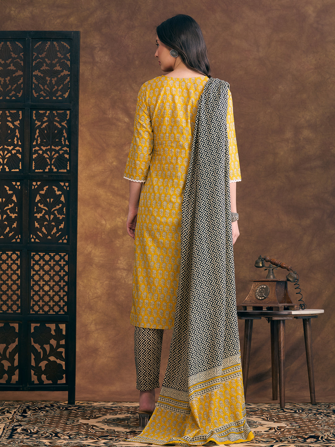 Ethnic Floral Printed Embroidered Straight Fit Kurta with Pant and Dupatta - Yellow