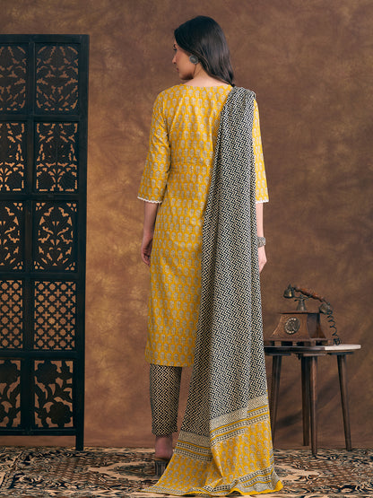 Ethnic Floral Printed Embroidered Straight Fit Kurta with Pant and Dupatta - Yellow