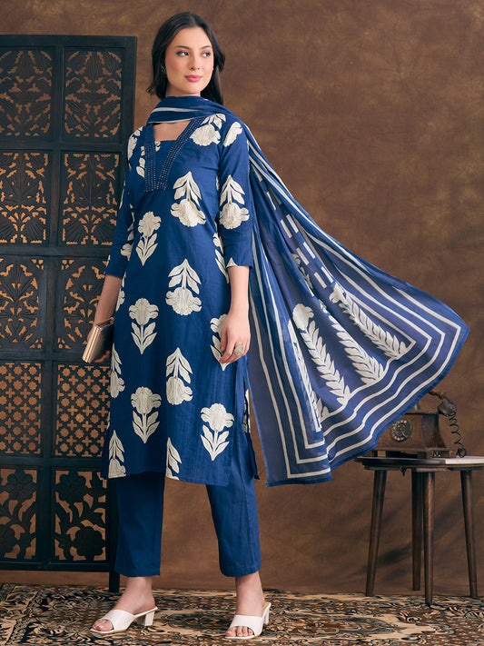 Ethnic Floral Printed Straight Fit Kurta with Pant and Dupatta - Blue