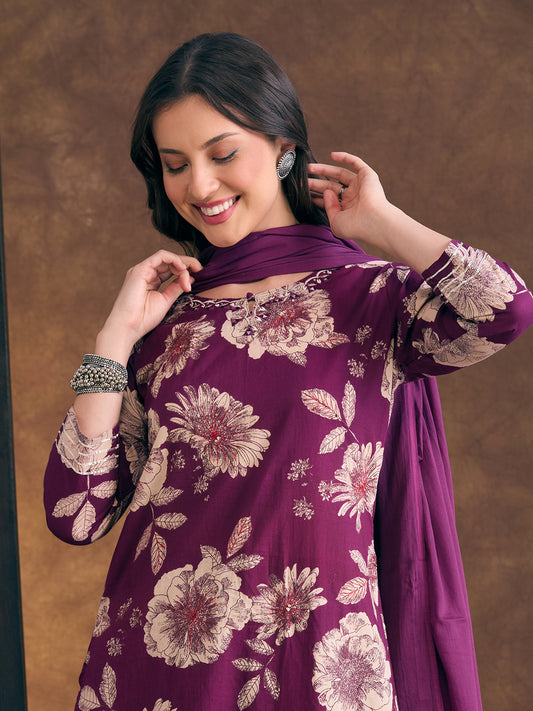 Floral Printed Embroidered Straight Fit Kurta with Flared Palazzo and Dupatta - Burgundy