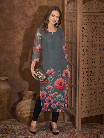 Abstract Floral Printed Straight Fit Georgette Kurta - Green