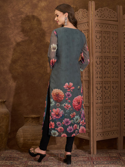 Abstract Floral Printed Straight Fit Georgette Kurta - Green