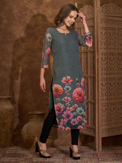 Abstract Floral Printed Straight Fit Georgette Kurta - Green
