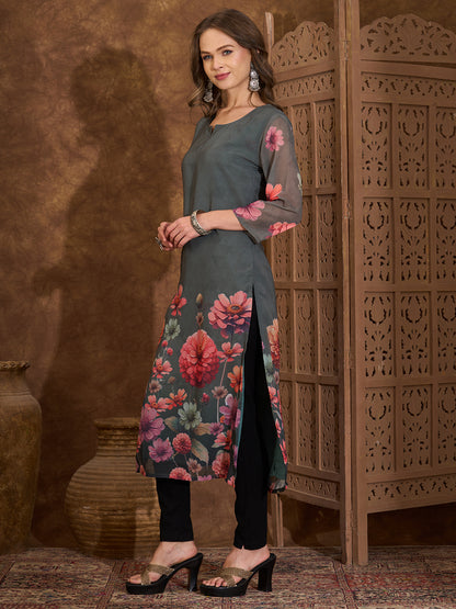 Abstract Floral Printed Straight Fit Georgette Kurta - Green