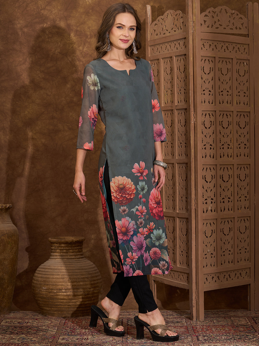 Abstract Floral Printed Straight Fit Georgette Kurta - Green