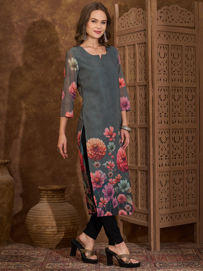 Abstract Floral Printed Straight Fit Georgette Kurta - Green