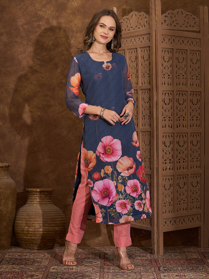 Abstract Floral Printed Straight Fit Georgette Kurta - Blue