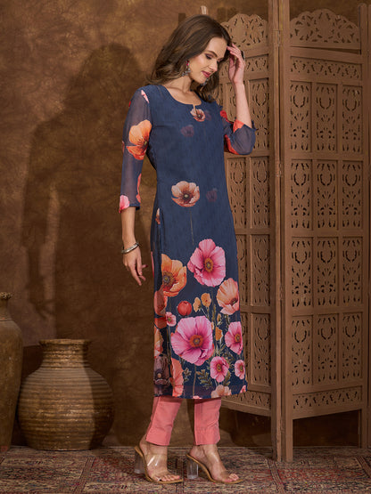 Abstract Floral Printed Straight Fit Georgette Kurta - Blue