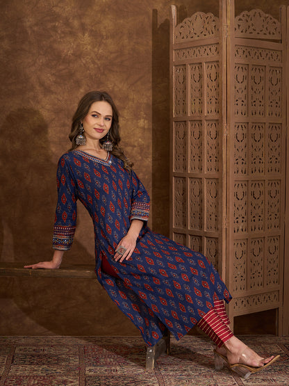 Ethnic Ikat Printed Kantha Embroidered Straight Cut Kurta - Blue
