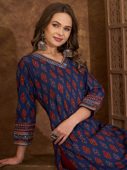 Ethnic Ikat Printed Kantha Embroidered Straight Cut Kurta - Blue