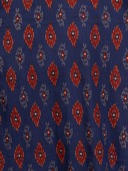 Ethnic Ikat Printed Kantha Embroidered Straight Cut Kurta - Blue