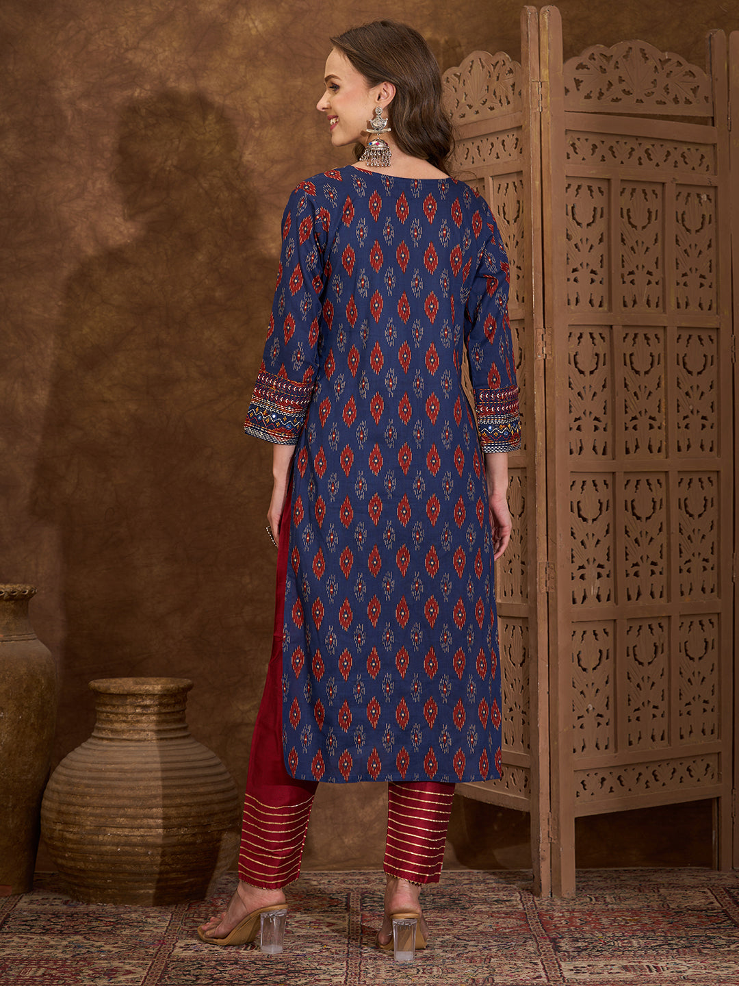 Ethnic Ikat Printed Kantha Embroidered Straight Cut Kurta - Blue