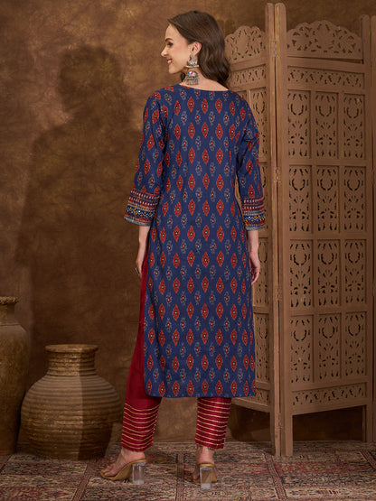 Ethnic Ikat Printed Kantha Embroidered Straight Cut Kurta - Blue