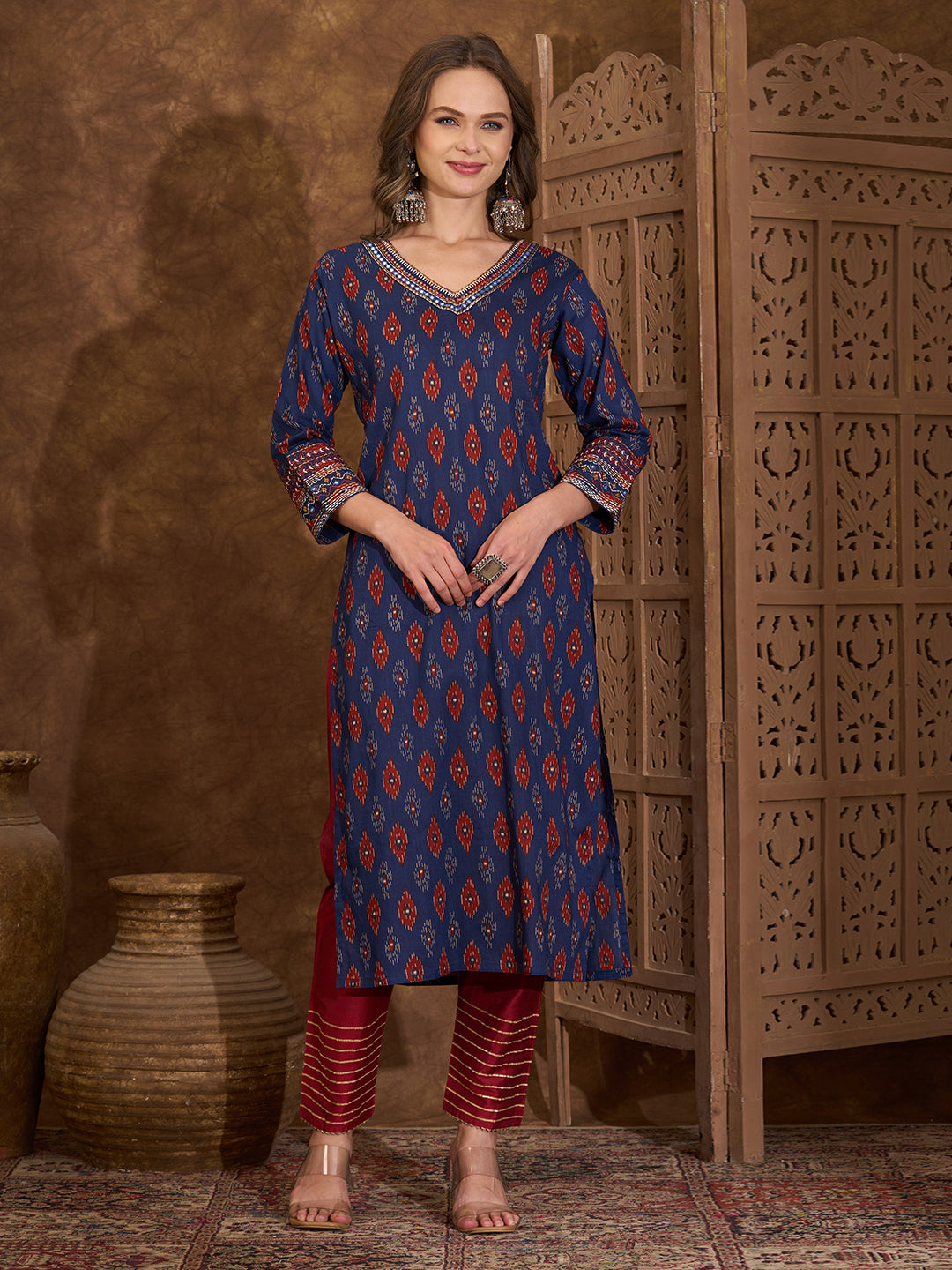 Ethnic Ikat Printed Kantha Embroidered Straight Cut Kurta - Blue