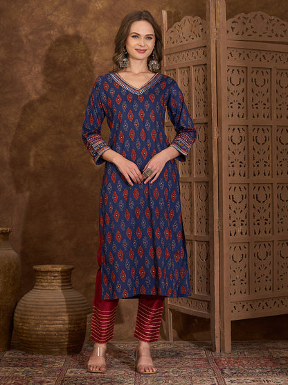 Ethnic Ikat Printed Kantha Embroidered Straight Cut Kurta - Blue