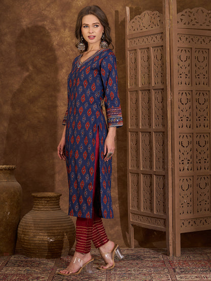 Ethnic Ikat Printed Kantha Embroidered Straight Cut Kurta - Blue