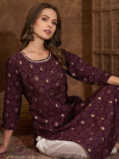 Floral Foil Printed & Embroidered Straight Fit Kurta - Burgundy