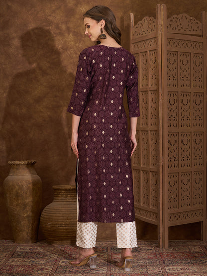 Floral Foil Printed & Embroidered Straight Fit Kurta - Burgundy