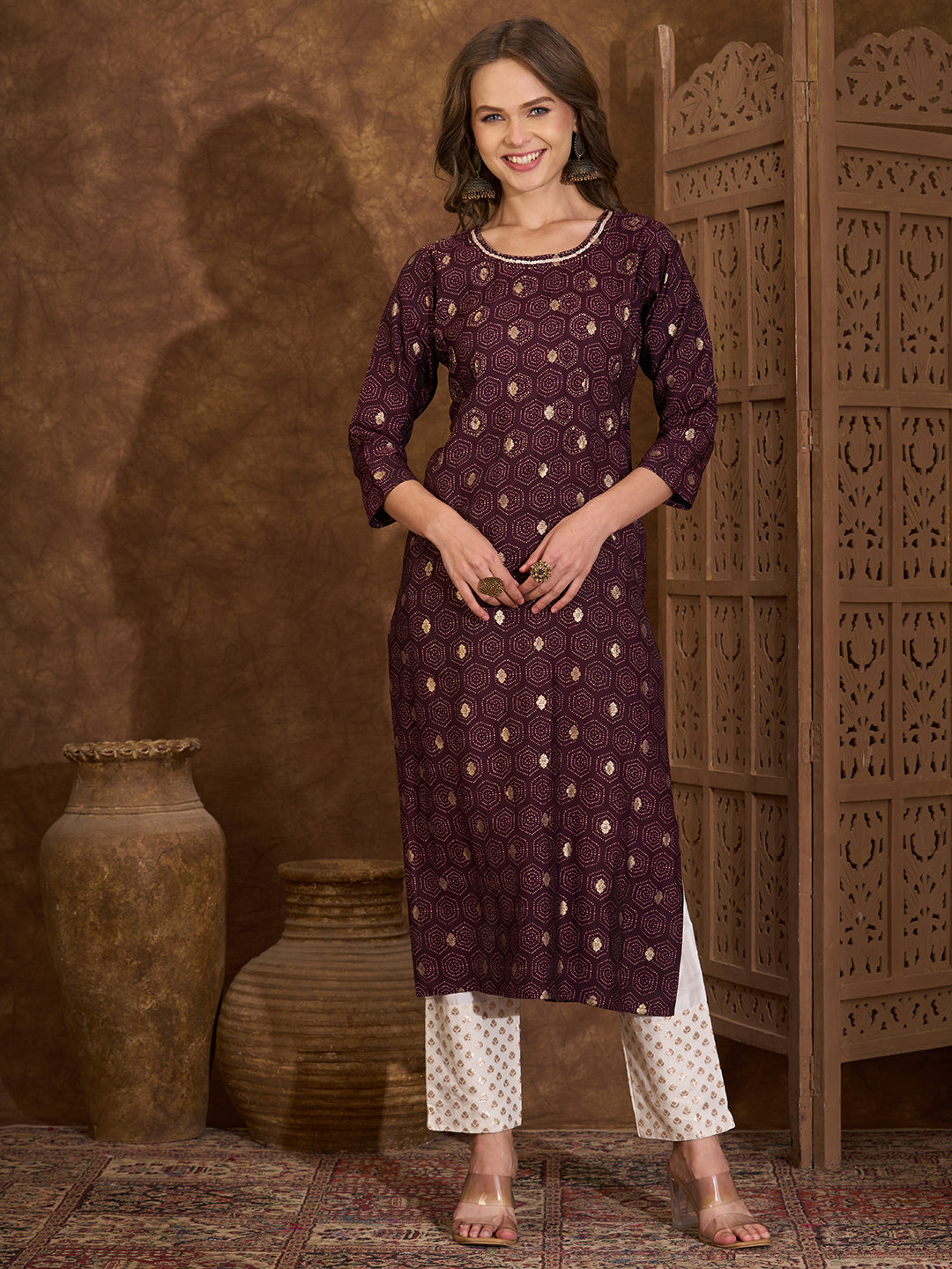 Floral Foil Printed & Embroidered Straight Fit Kurta - Burgundy