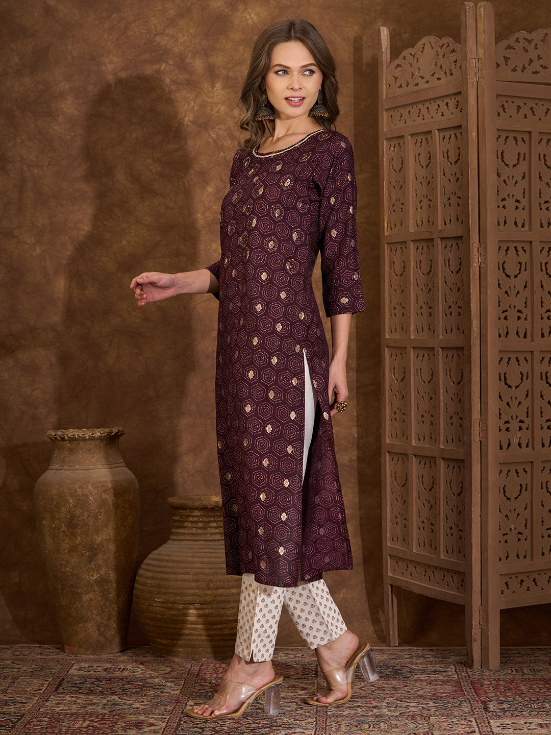 Floral Foil Printed & Embroidered Straight Fit Kurta - Burgundy