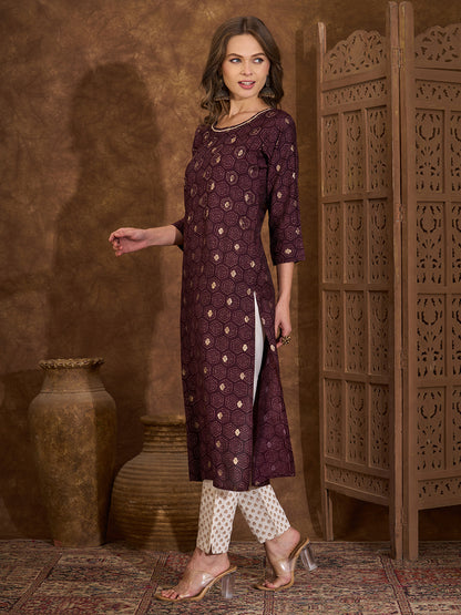Floral Foil Printed & Embroidered Straight Fit Kurta - Burgundy