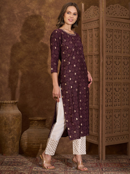 Floral Foil Printed & Embroidered Straight Fit Kurta - Burgundy
