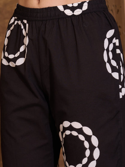 Abstract Floral Printed A-Line Paneled Co-ord Set -Black
