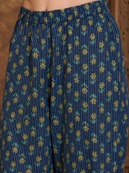 Ethnic Floral Printed A-Line Paneled Kurta with Palazzo - Blue