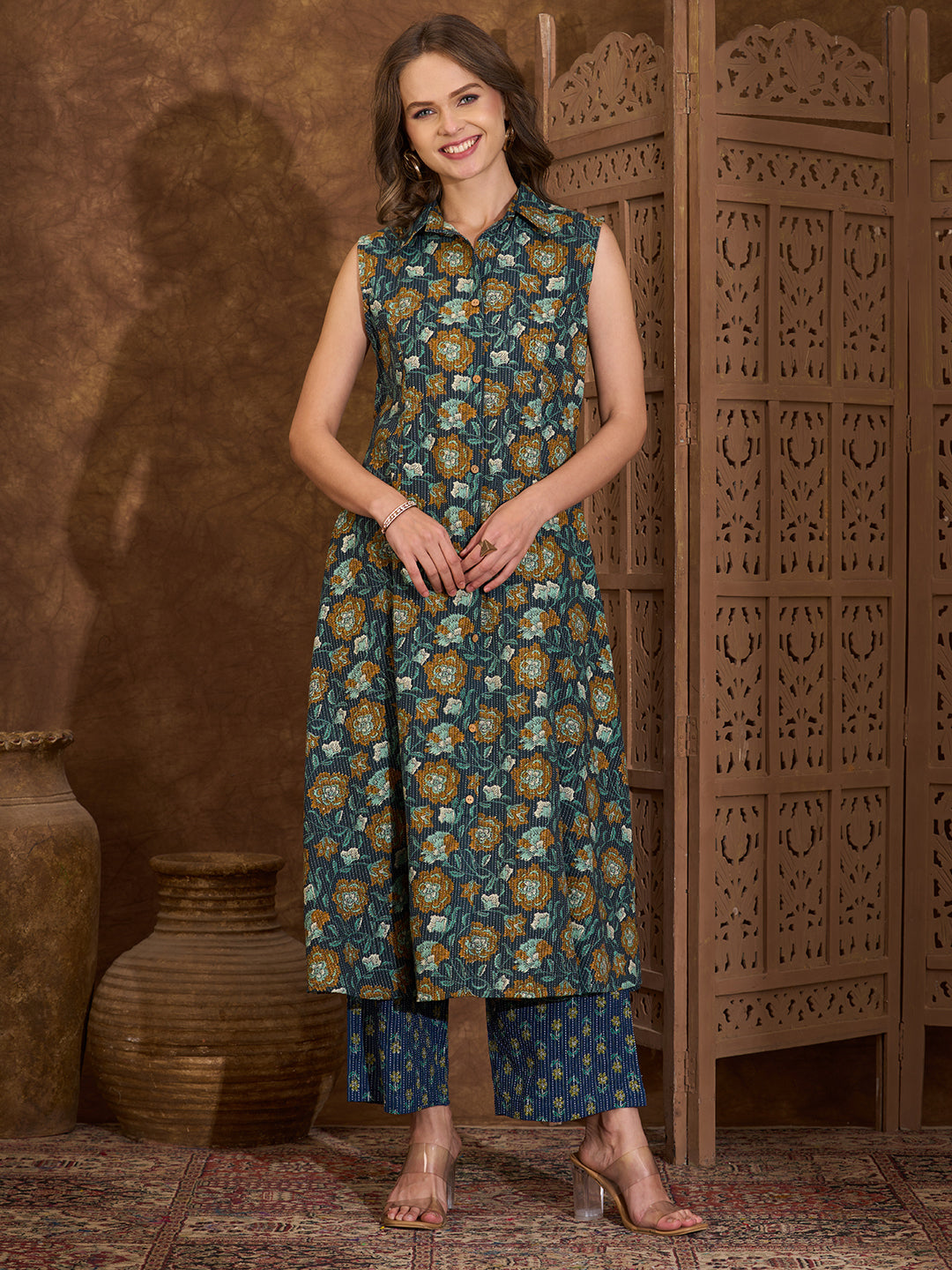 Ethnic Floral Printed A-Line Paneled Kurta with Palazzo - Blue
