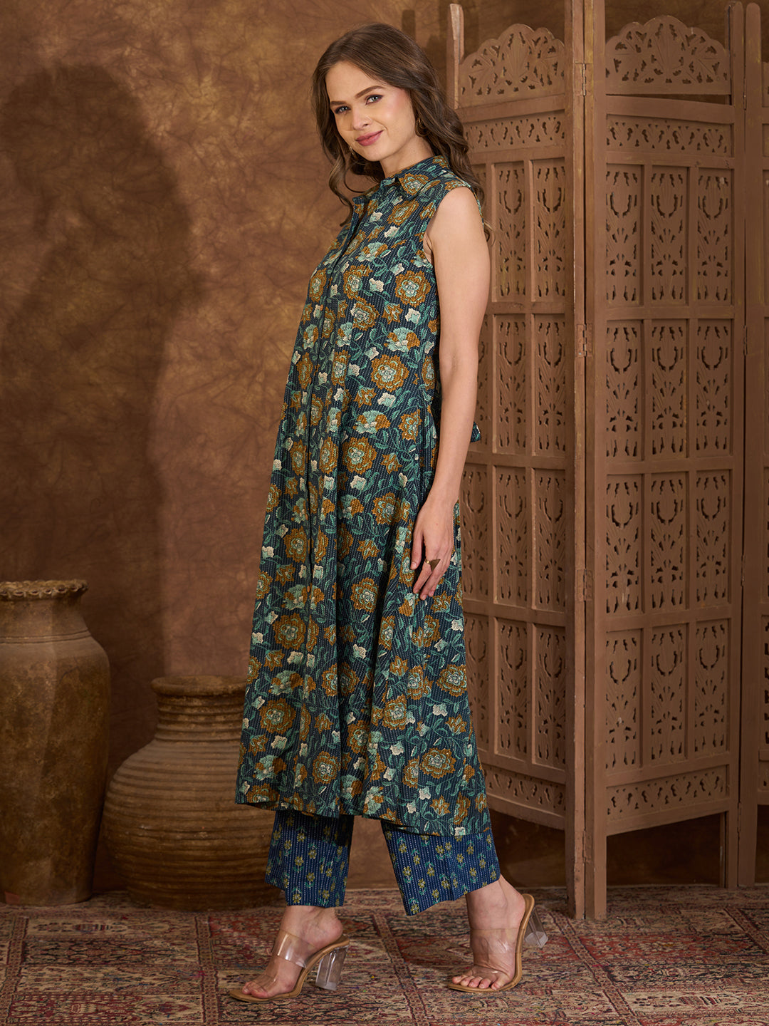 Ethnic Floral Printed A-Line Paneled Kurta with Palazzo - Blue