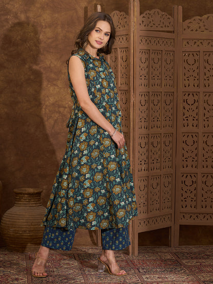 Ethnic Floral Printed A-Line Paneled Kurta with Palazzo - Blue