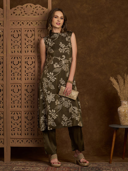 Ethnic Floral Printed Straight Fit Kurta with Pant - Olive Green