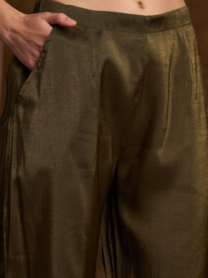Ethnic Floral Printed Straight Fit Kurta with Pant - Olive Green