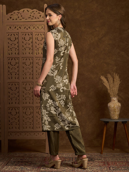 Ethnic Floral Printed Straight Fit Kurta with Pant - Olive Green
