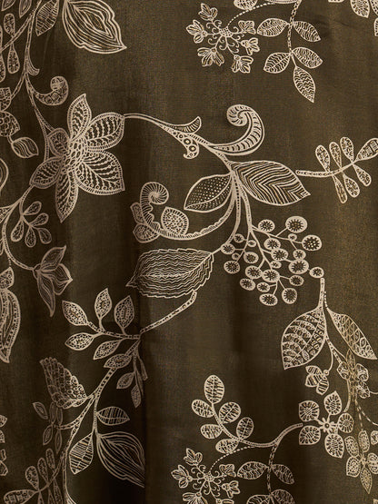 Ethnic Floral Printed Straight Fit Kurta with Pant - Olive Green