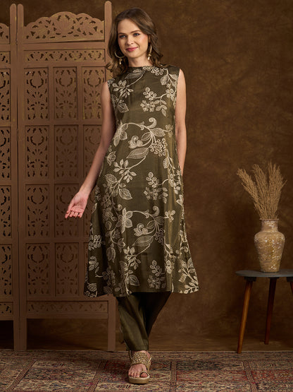 Ethnic Floral Printed Straight Fit Kurta with Pant - Olive Green