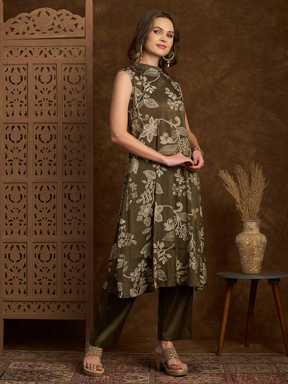 Ethnic Floral Printed Straight Fit Kurta with Pant - Olive Green