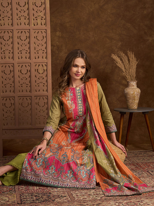 Ethnic Printed & Dori Embroidered Straight Fit Kurta with Pant and Dupatta - Green