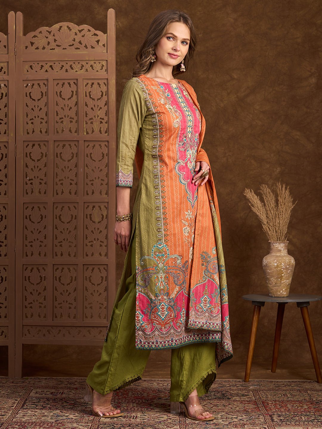 Ethnic Printed & Dori Embroidered Straight Fit Kurta with Pant and Dupatta - Green