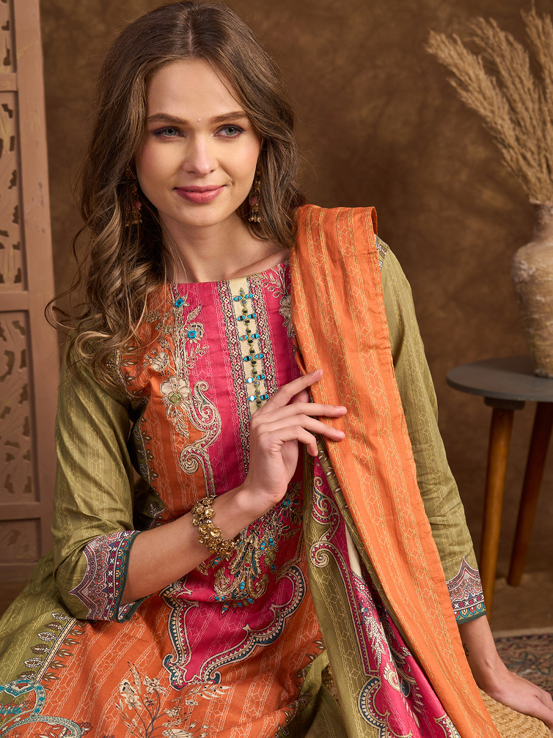 Ethnic Printed & Dori Embroidered Straight Fit Kurta with Pant and Dupatta - Green